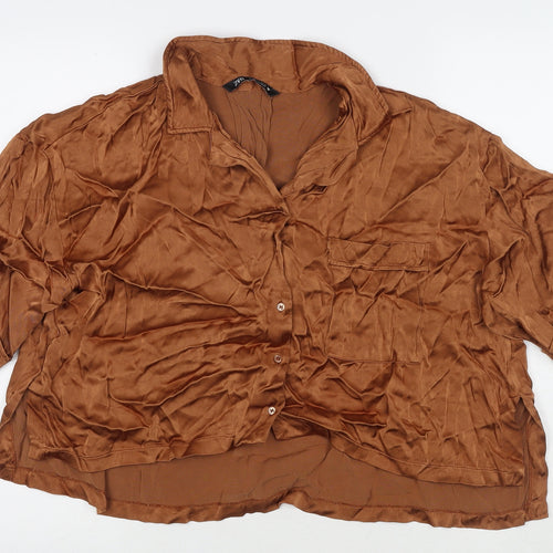 Zara Womens Brown Polyester Basic Button-Up Size S Collared