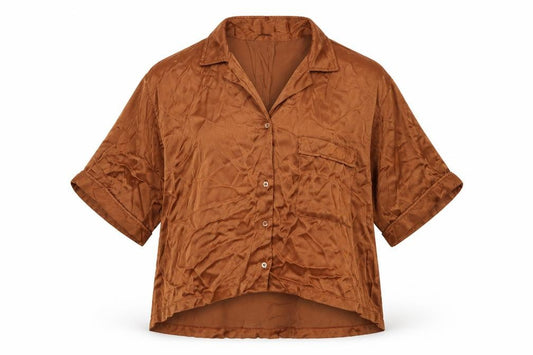 Front view of Zara women’s brown polyester basic button-up, size S, collared