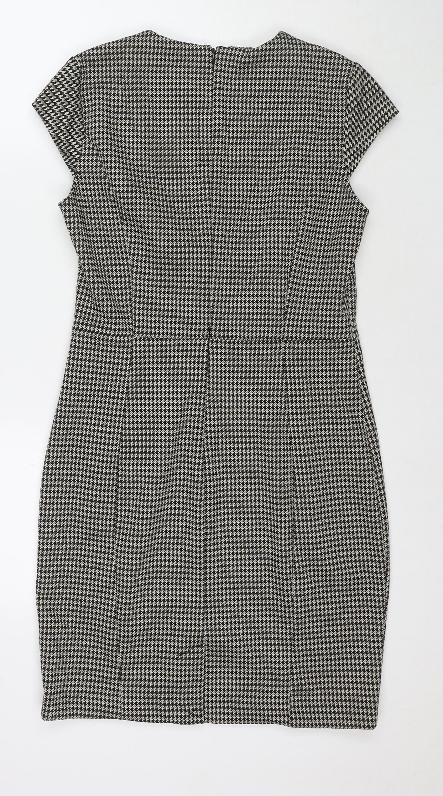 H&M Womens Black Houndstooth Polyester A-Line Size 10 Round Neck Zip