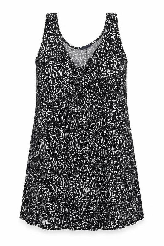 Front view of Marks & Spencer women’s black geometric viscose tank dress, size UK 16, scoop neck pullover