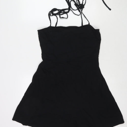ASOS Womens Black Cotton Tank Dress Size 14 Square Neck Tie