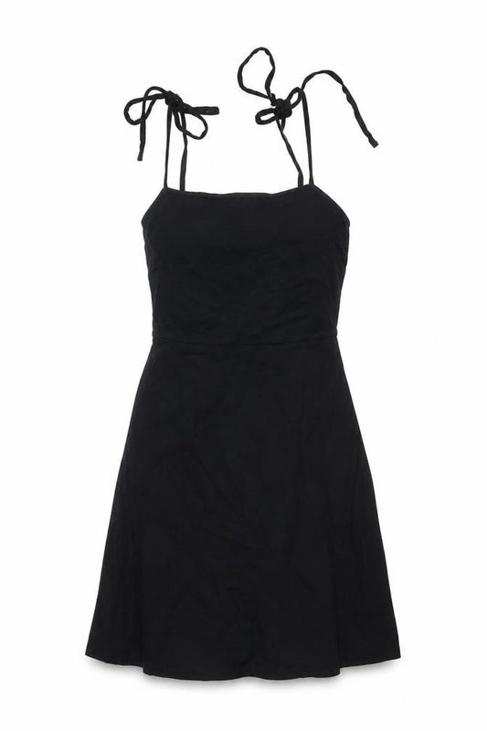Front view of ASOS women’s black cotton tank dress, size UK 14, square neck tie