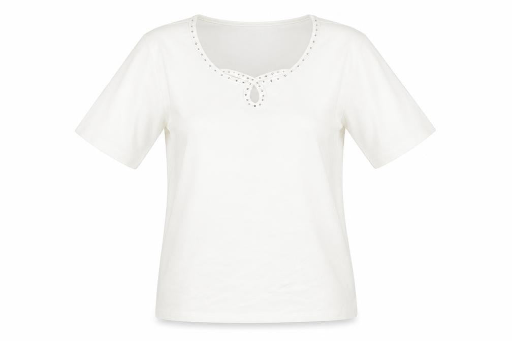 Front view of Jeanne Bice women’s white cotton basic t-shirt, size M, round neck