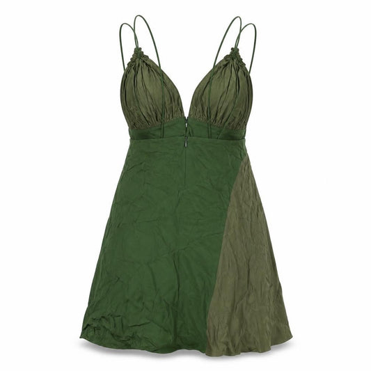 Front view of Zara women’s green viscose tank dress, size S, v-neck tie