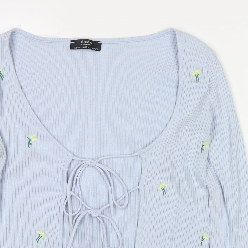 Bershka Womens Blue V-Neck Cotton Cardigan Jumper Size M - Flowers