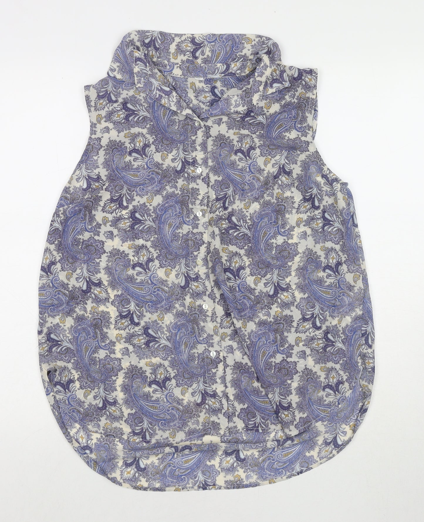 H&M Womens Blue Paisley Polyester Basic Button-Up Size 12 Collared