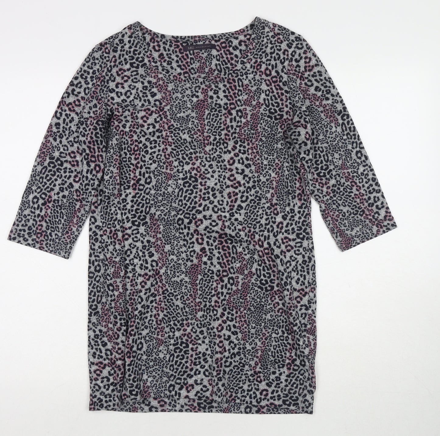 Marks and Spencer Womens Grey Round Neck Animal Print Polyester Tunic Jumper Size 12 - Leopard Print