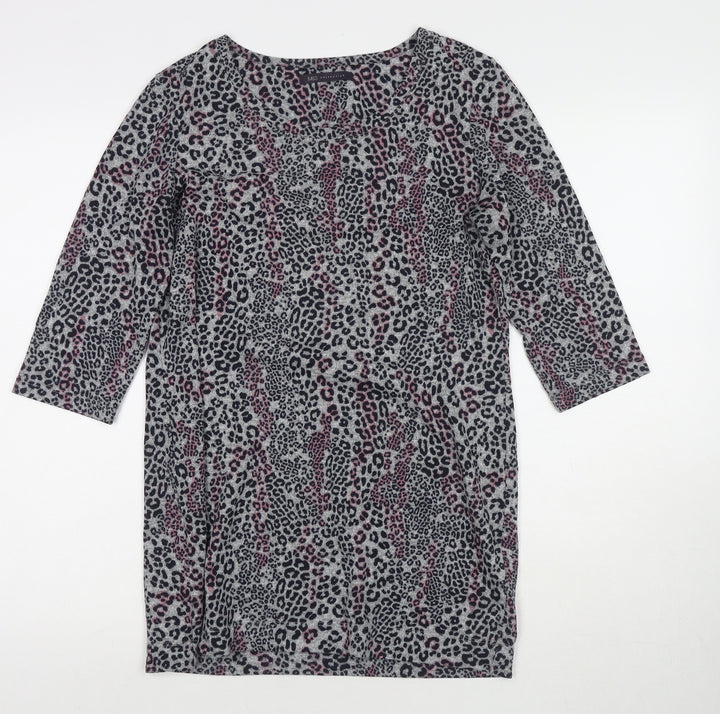 Marks and Spencer Womens Grey Round Neck Animal Print Polyester Tunic Jumper Size 12 - Leopard Print
