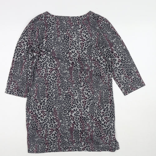 Marks and Spencer Womens Grey Round Neck Animal Print Polyester Tunic Jumper Size 12 - Leopard Print