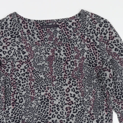 Marks and Spencer Womens Grey Round Neck Animal Print Polyester Tunic Jumper Size 12 - Leopard Print