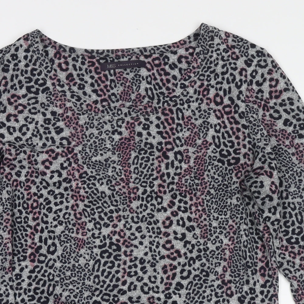 Marks and Spencer Womens Grey Round Neck Animal Print Polyester Tunic Jumper Size 12 - Leopard Print