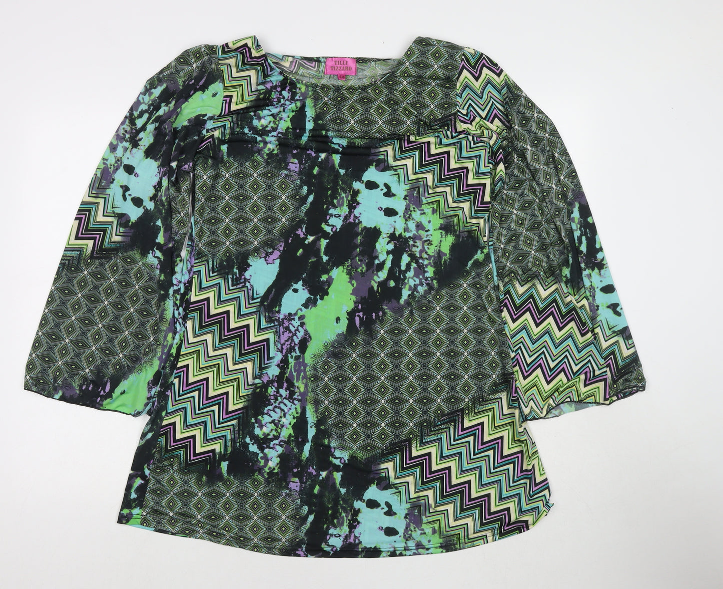 Tilly Tizzaro Womens Green Geometric Polyester A-Line Size 14 Boat Neck Pullover