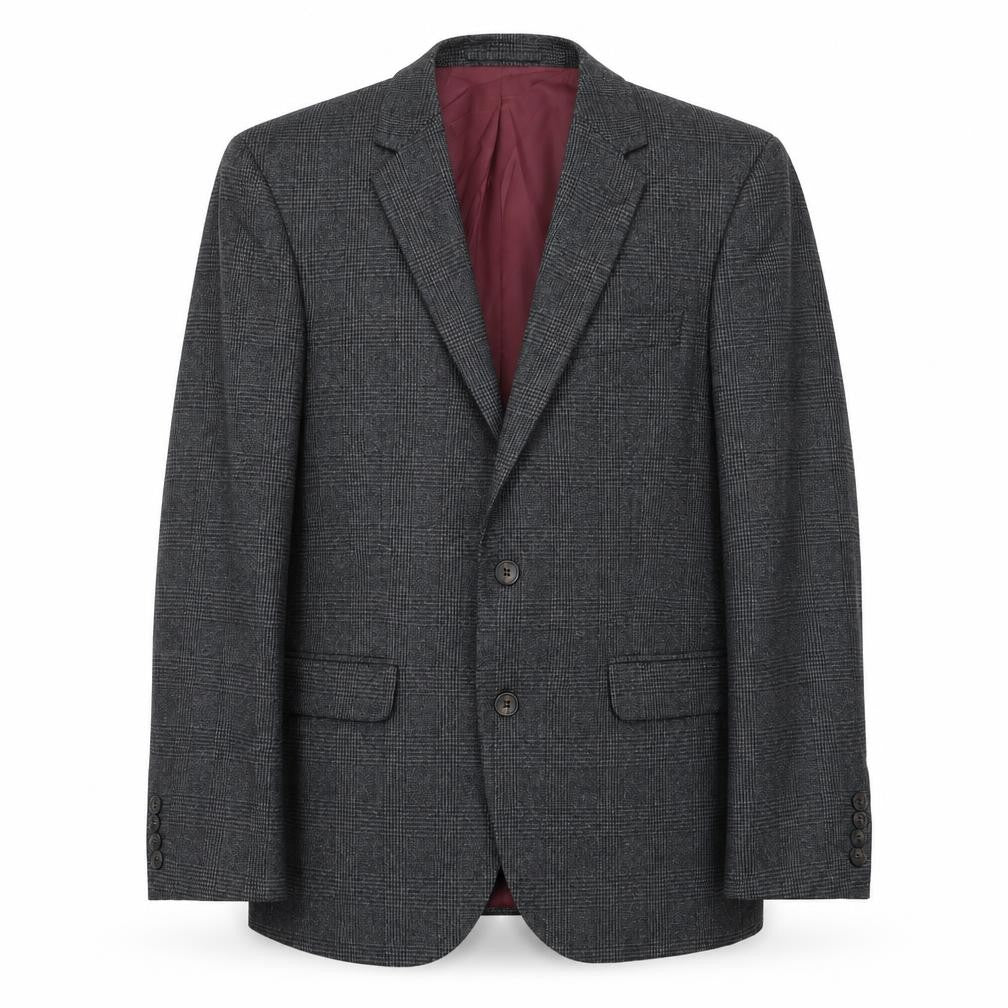 Front view of Marks & Spencer men’s grey plaid polyester jacket suit jacket, size 40, regular