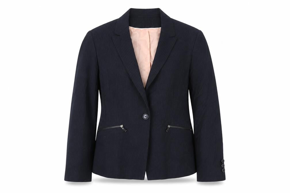 Front view of Marks & Spencer women’s black pinstripe polyester jacket suit jacket, size UK 14
