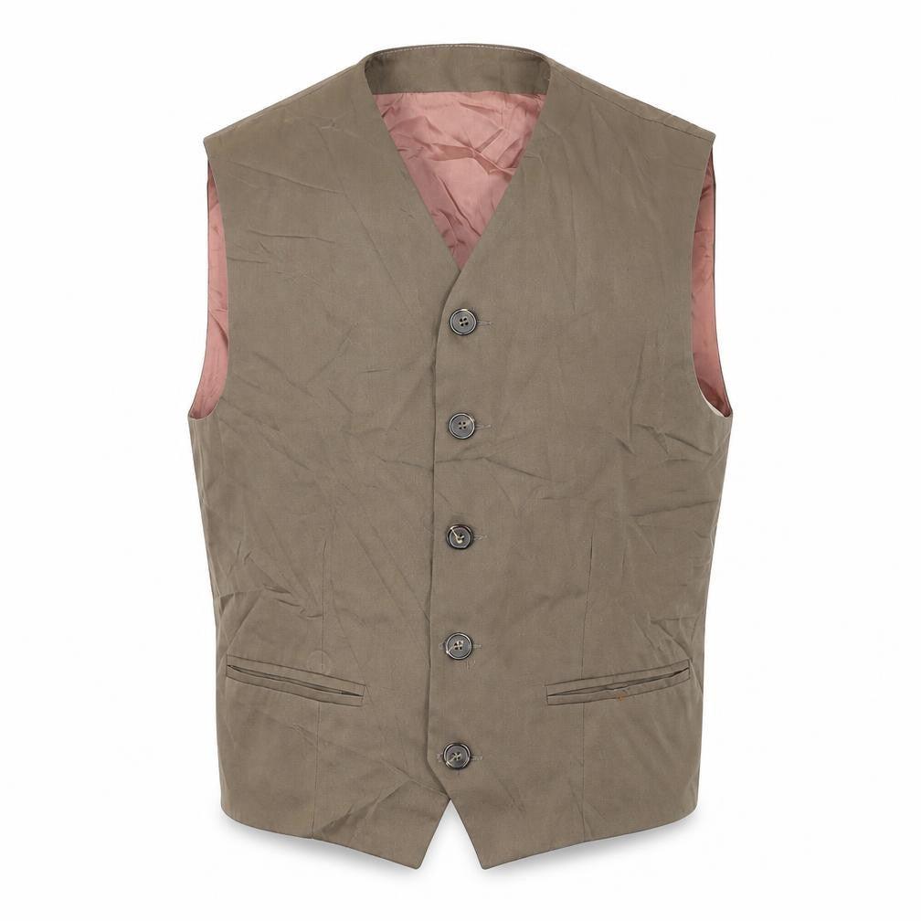 Front view of Topman men’s brown polyester jacket suit waistcoat, size M, regular