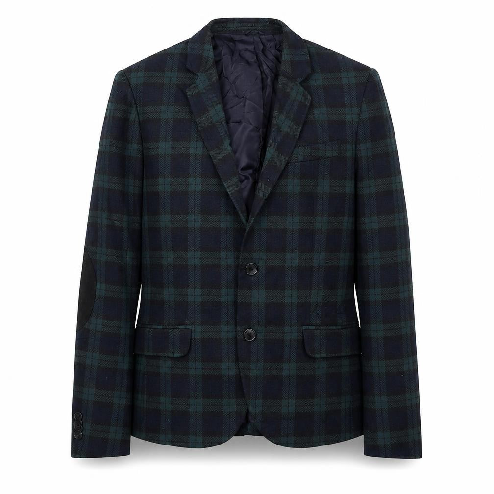 Front view of Zara men’s green plaid jacket blazer, size M, button