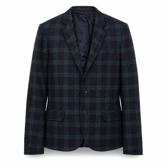 Front view of Zara men’s green plaid jacket blazer, size M, button