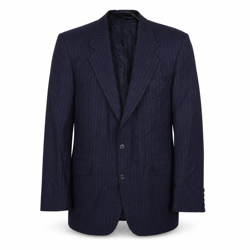 Front view of George Arthur Dunn men’s blue wool jacket suit jacket, size 44, regular