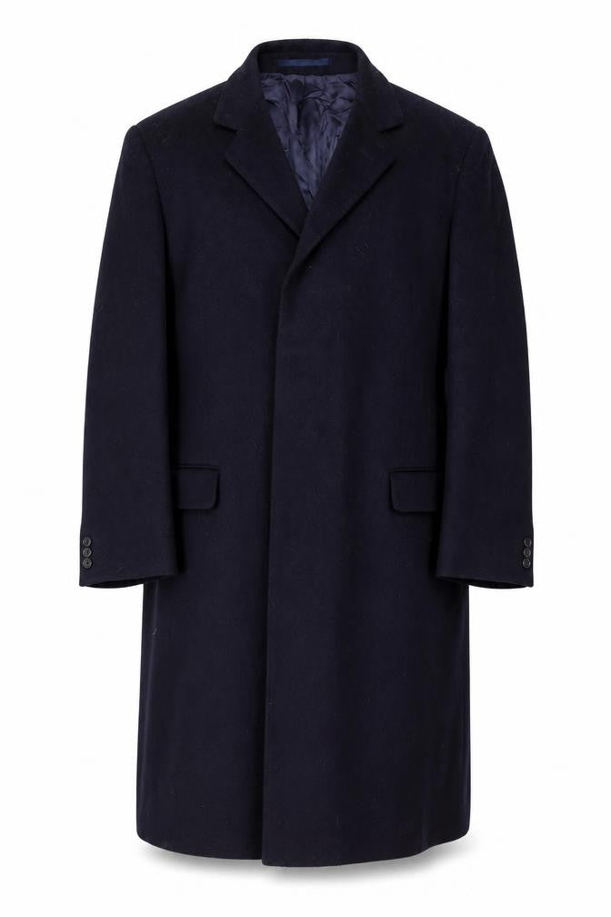 Front view of Scott Taylor men’s black overcoat coat, size 42, button