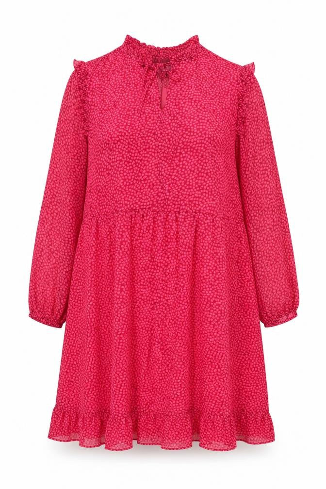 Front view of John Lewis women’s pink polka dot polyester a-line, size UK 18, v-neck pullover