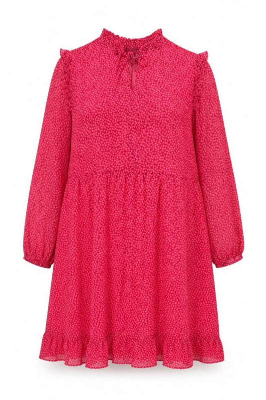 Front view of John Lewis women’s pink polka dot polyester a-line, size UK 18, v-neck pullover