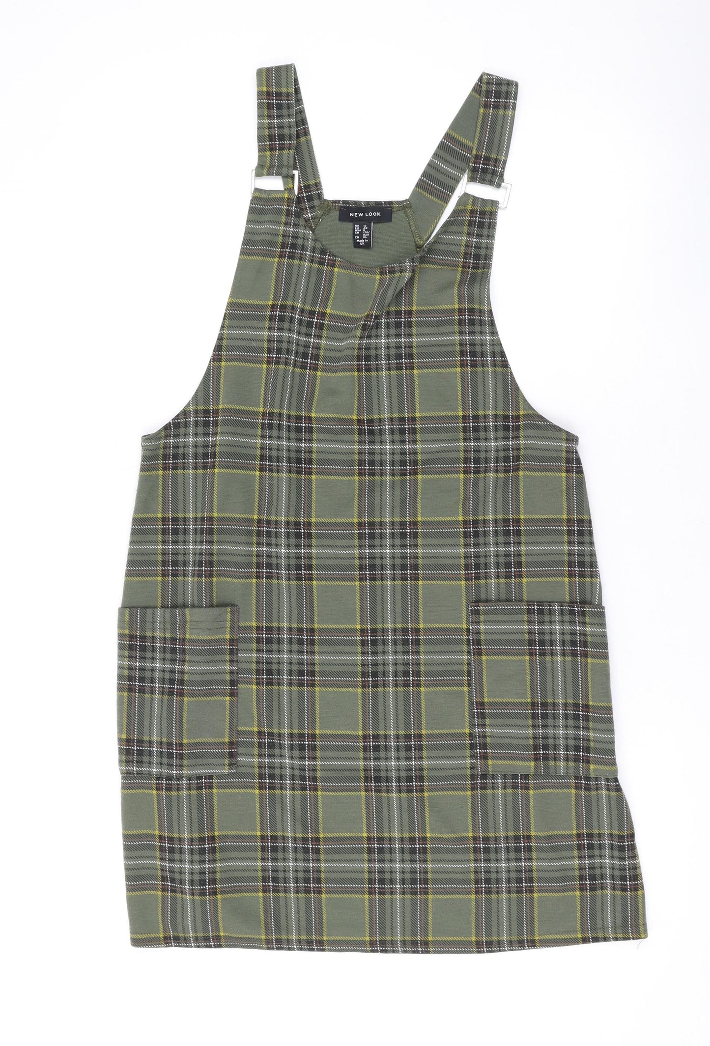 New Look Womens Green Plaid Polyester Pinafore/Dungaree Dress Size 12 Square Neck Pullover