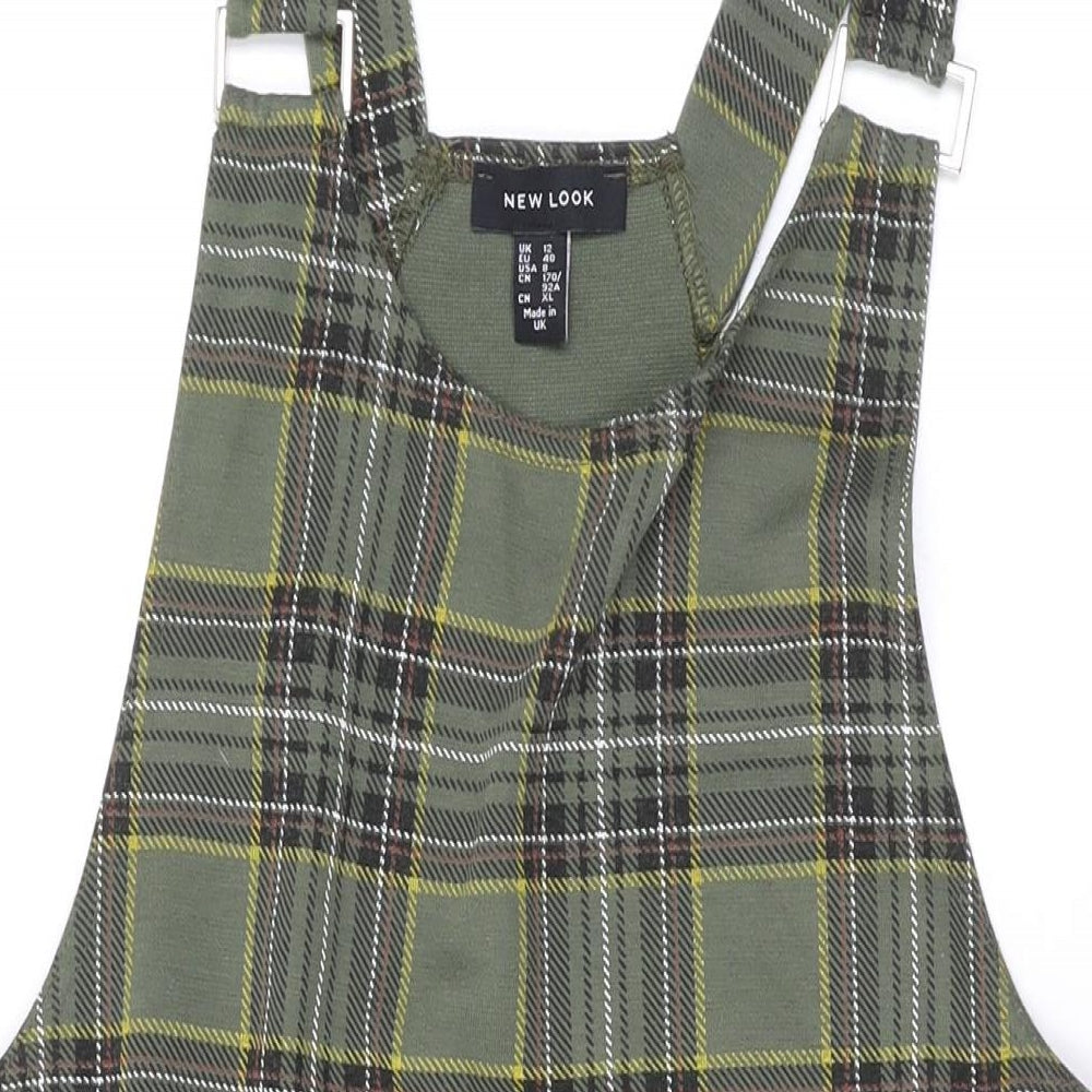 New Look Womens Green Plaid Polyester Pinafore/Dungaree Dress Size 12 Square Neck Pullover