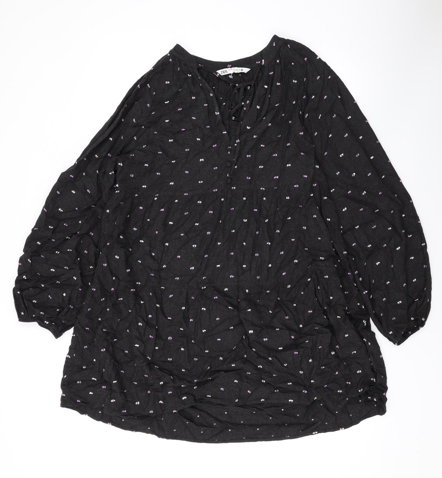 Zara Womens Black Polka Dot Viscose A-Line Size M V-Neck Pullover