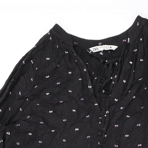 Zara Womens Black Polka Dot Viscose A-Line Size M V-Neck Pullover