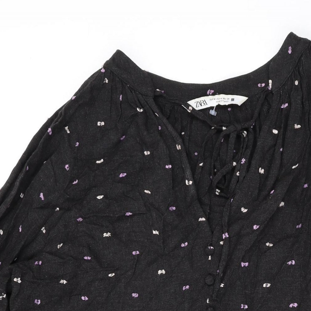 Zara Womens Black Polka Dot Viscose A-Line Size M V-Neck Pullover
