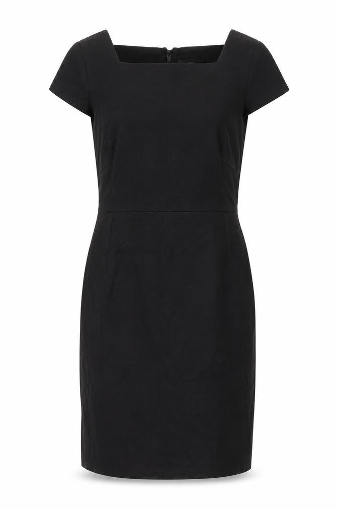 Front view of Next women’s black polyester a-line, size UK 12, square neck zip