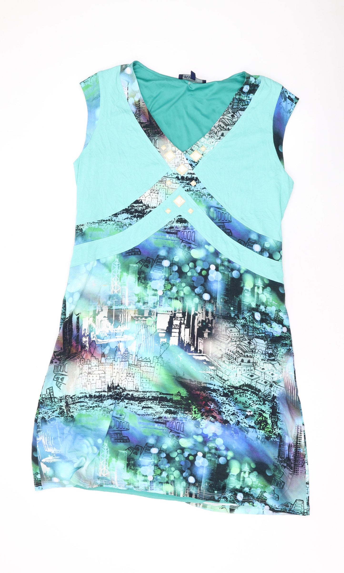 Aria Womens Blue Geometric Viscose A-Line Size 16 V-Neck Pullover