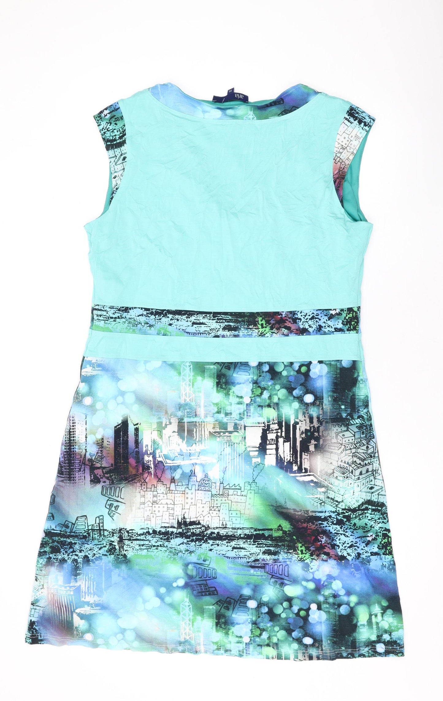 Aria Womens Blue Geometric Viscose A-Line Size 16 V-Neck Pullover