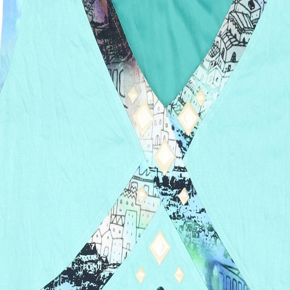 Aria Womens Blue Geometric Viscose A-Line Size 16 V-Neck Pullover