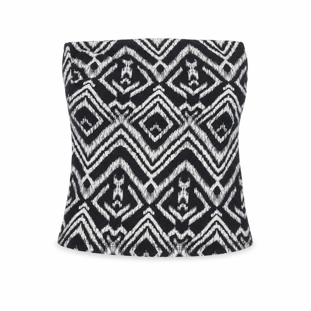 Front view of H&M women’s black geometric cotton basic blouse, size L, off the shoulder