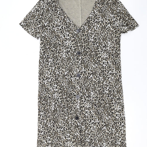 Mango Womens Brown Animal Print Polyester T-Shirt Dress Size S V-Neck Button
