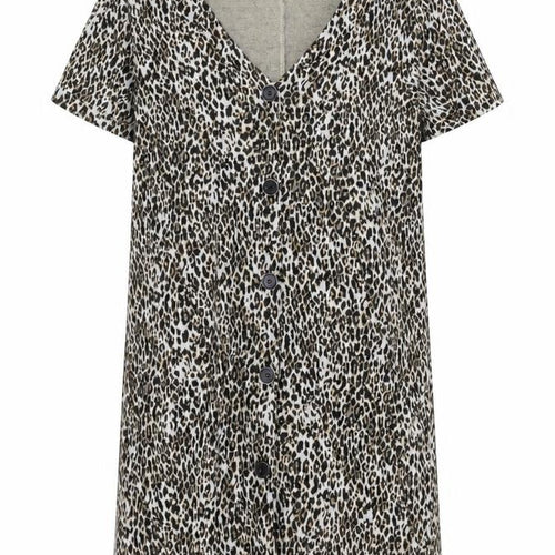 Mango Womens Brown Animal Print Polyester T-Shirt Dress Size S V-Neck Button