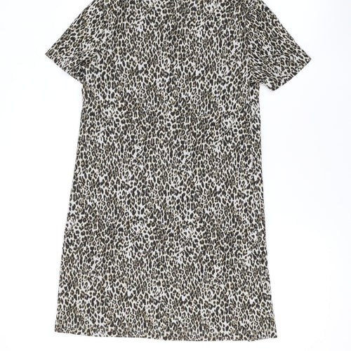 Mango Womens Brown Animal Print Polyester T-Shirt Dress Size S V-Neck Button