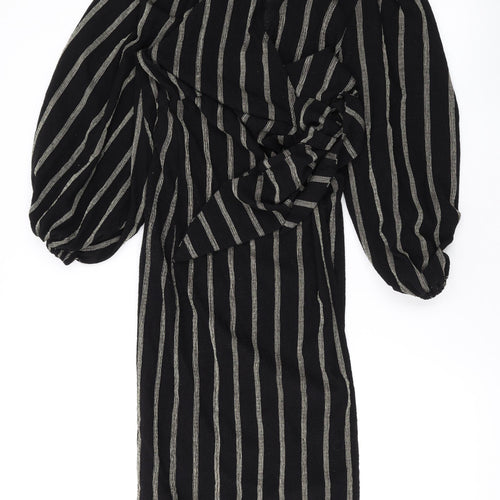 H&M Womens Black Striped Polyester Wrap Dress Size S V-Neck Tie