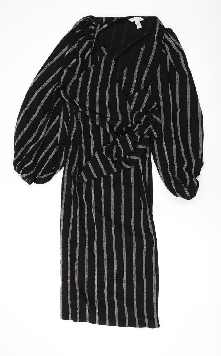 H&M Womens Black Striped Polyester Wrap Dress Size S V-Neck Tie
