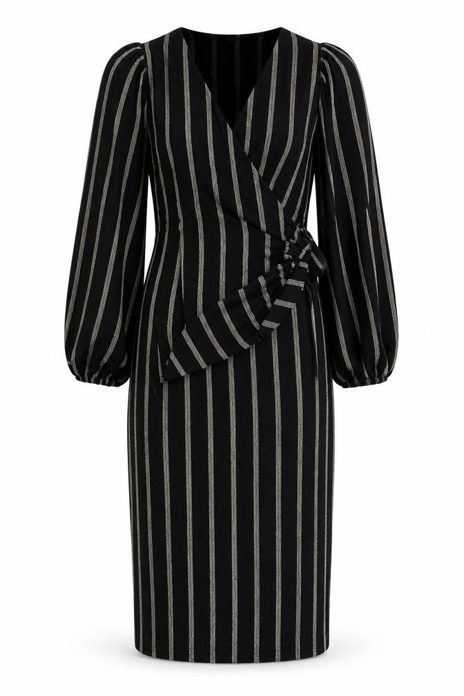 Front view of H&M women’s black striped polyester wrap dress, size S, v-neck tie