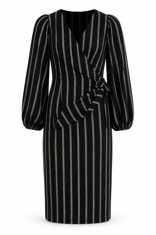 Front view of H&M women’s black striped polyester wrap dress, size S, v-neck tie