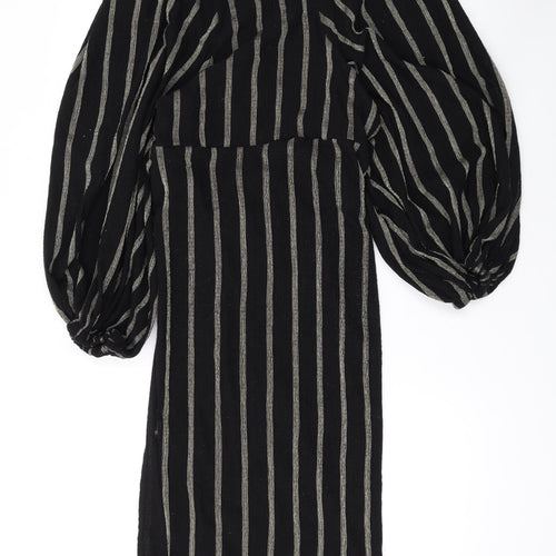 H&M Womens Black Striped Polyester Wrap Dress Size S V-Neck Tie