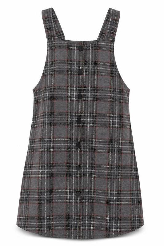 Front view of New Look women’s grey plaid polyester tank dress, size UK 10, square neck pullover