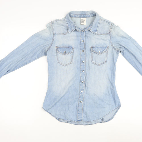 H&M Womens Blue 100% Cotton Basic Button-Up Size 8 V-Neck