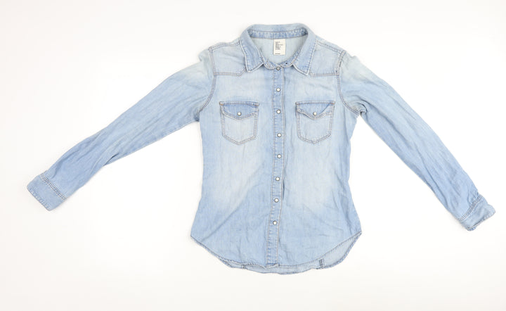 H&M Womens Blue 100% Cotton Basic Button-Up Size 8 V-Neck