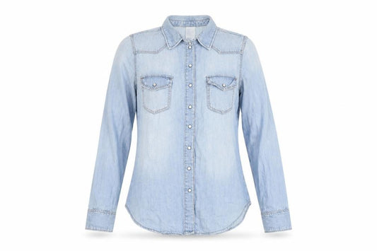 Front view of H&M women’s blue 100% cotton basic button-up, size UK 8, v-neck