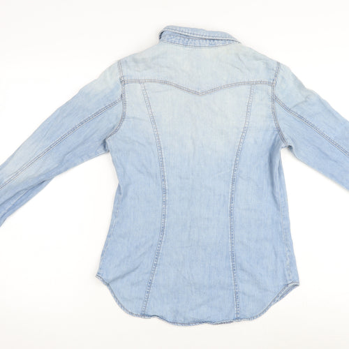 H&M Womens Blue 100% Cotton Basic Button-Up Size 8 V-Neck