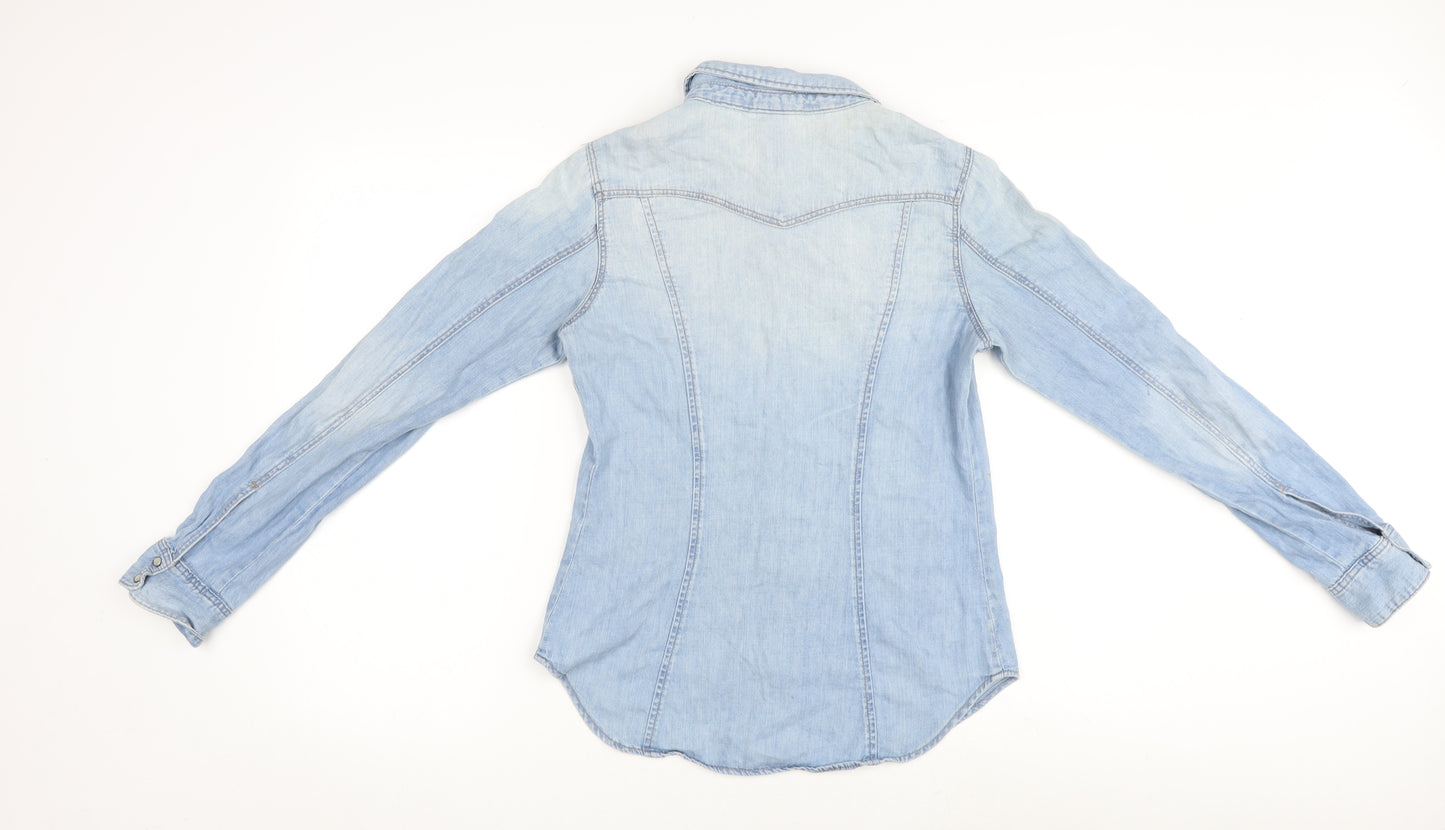 H&M Womens Blue 100% Cotton Basic Button-Up Size 8 V-Neck