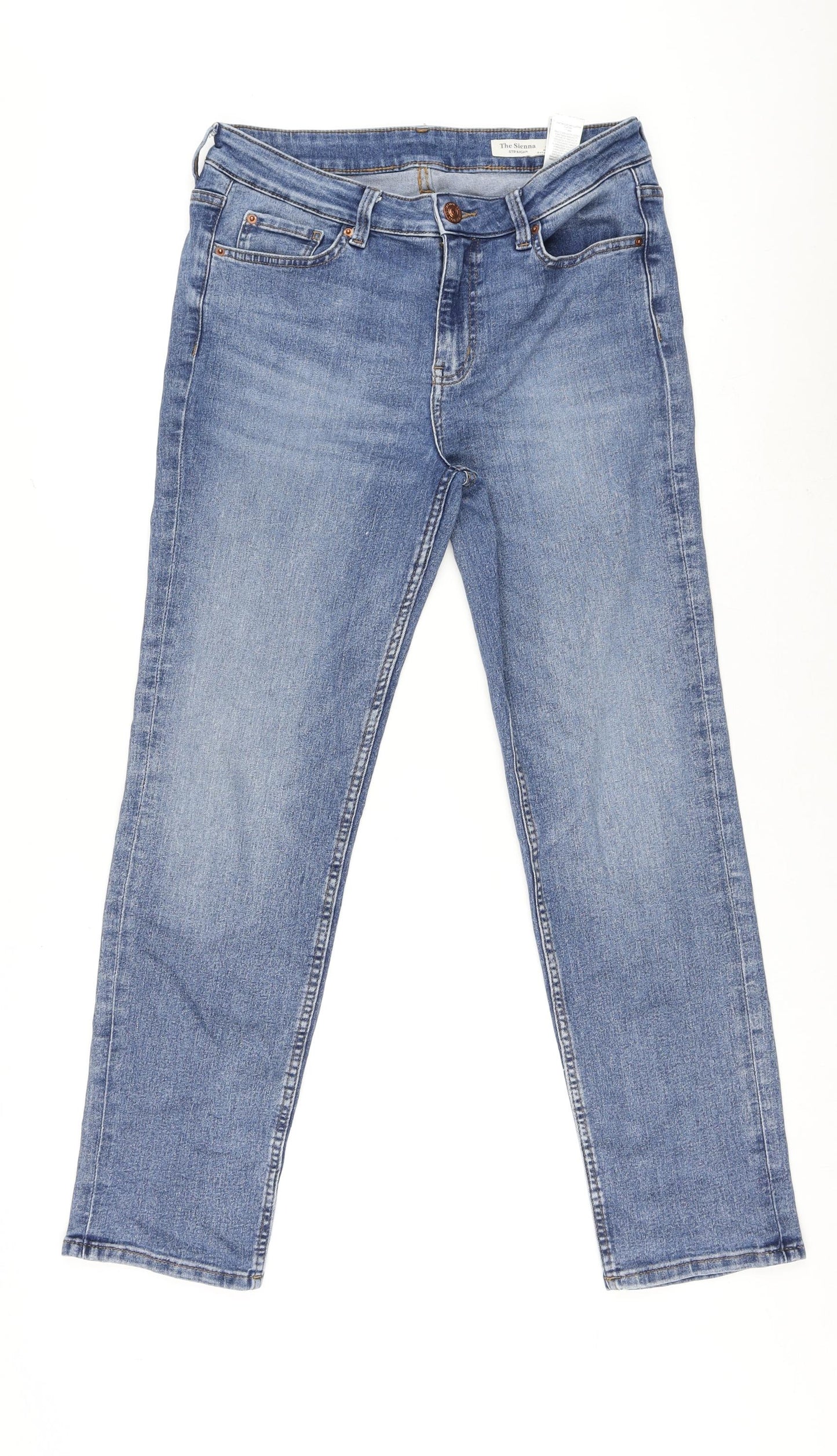 Marks and Spencer Womens Blue Cotton Straight Jeans Size 12 L27.5 in Regular Zip - Short Leg